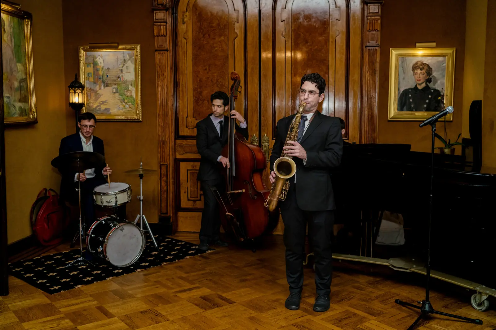 Jazz trio performing at an elegant venue